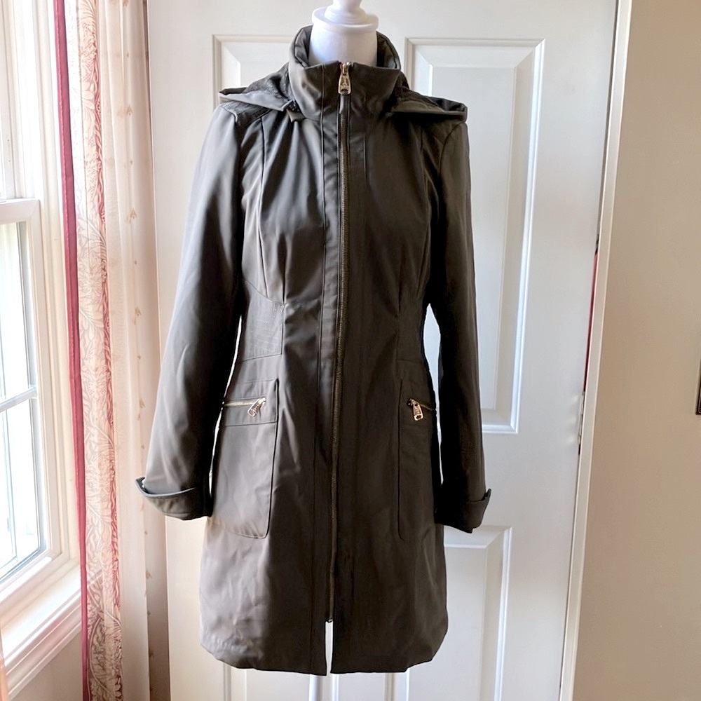 Via Spiga Hooded Trench Coat Olive Green Brown Size S